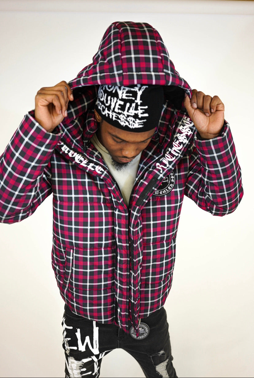 Red Plaid Puffer Jacket